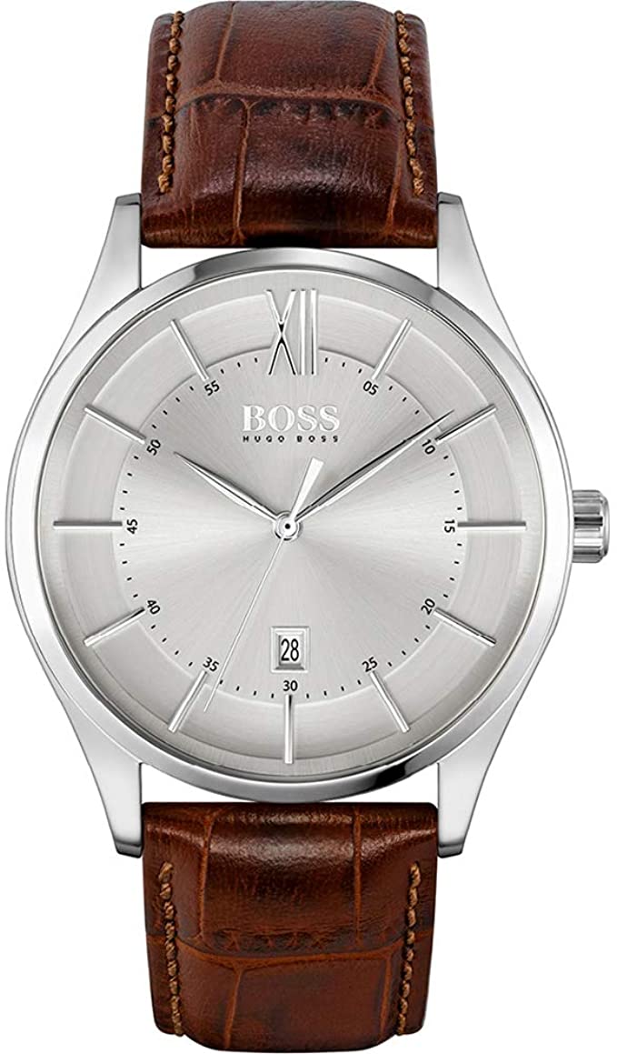 hugo-boss-silver BOSS Distinction Brown Leather Strap Watch